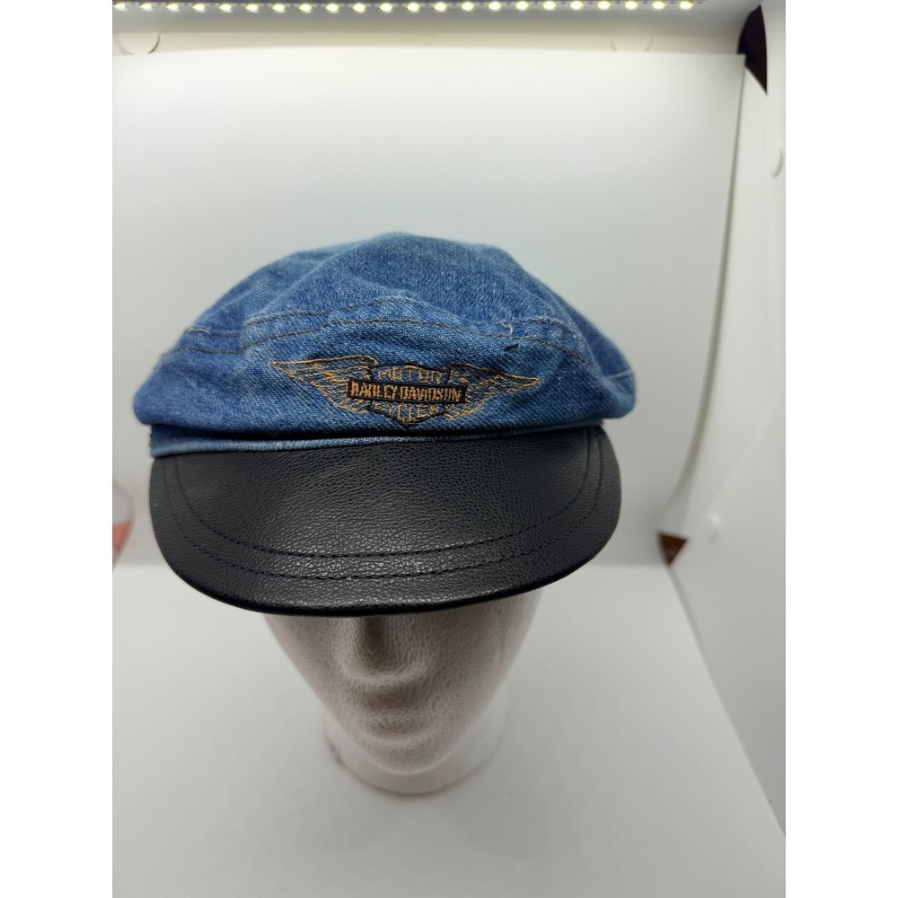 Harley-Davidson Biker Blues Denim Leather Newsboy Cap Hat Vintage USA Made Large